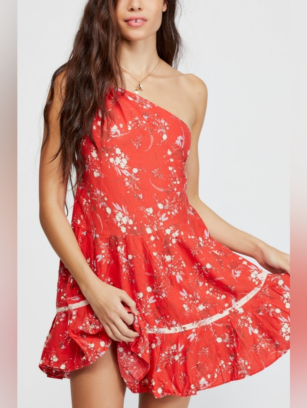 NWT Free People All Mine One Shoulder Mini Dress Red Floral Linen Size M Boho